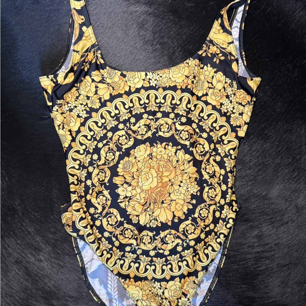 Versace Black and Gold Baroque One Piece Swimsuit